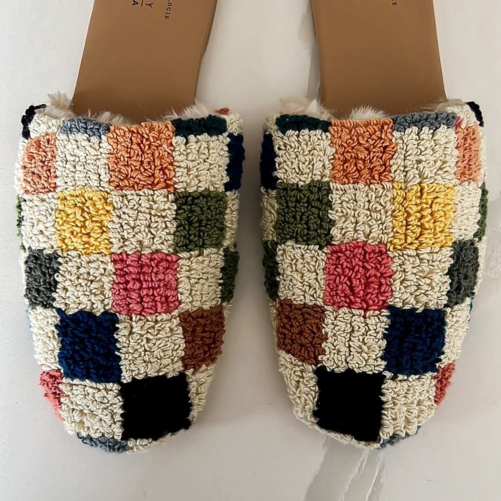 Anthropologie x Emily Isabella Checkered Colorful Sherpa Slippers Womens Medium - Picture 5 of 16